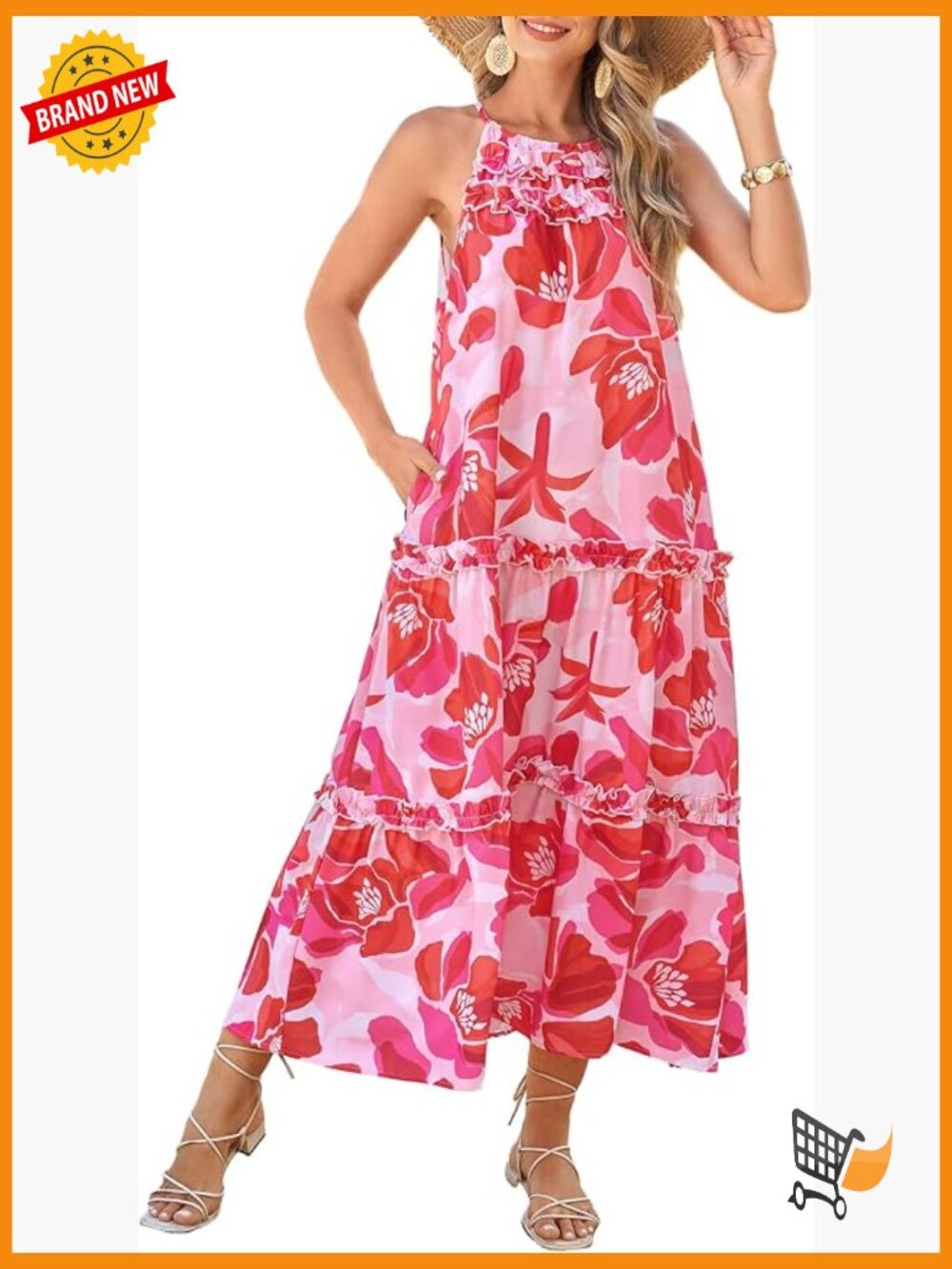 Women's Floral Halter Maxi Dress Boho Summer Sundress Tiered Ruffle